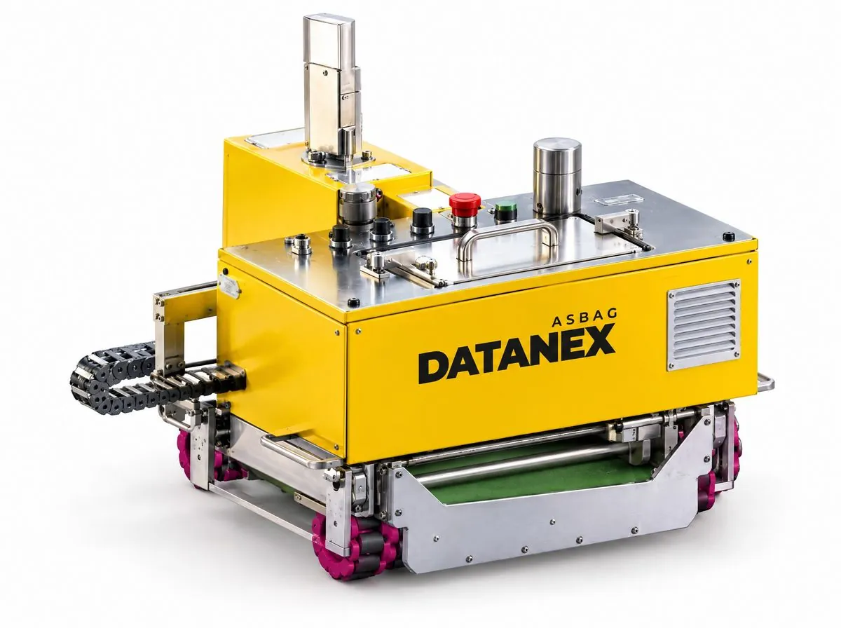 Yellow ASBAG Datanex mortar leveling robot on a white background