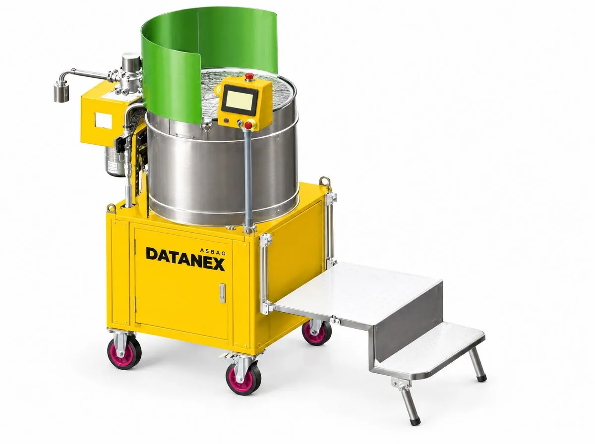 Yellow ASBAG Datanex paint mixing station on a white background