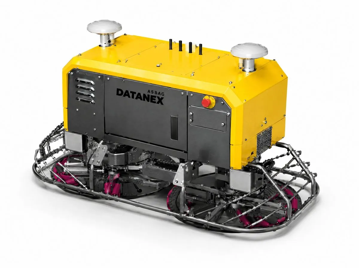 Yellow ASBAG Datanex power troweling robot on a white background