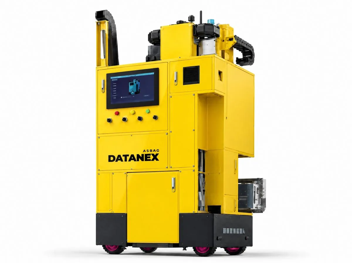 Yellow ASBAG Datanex plastering robot on a white background