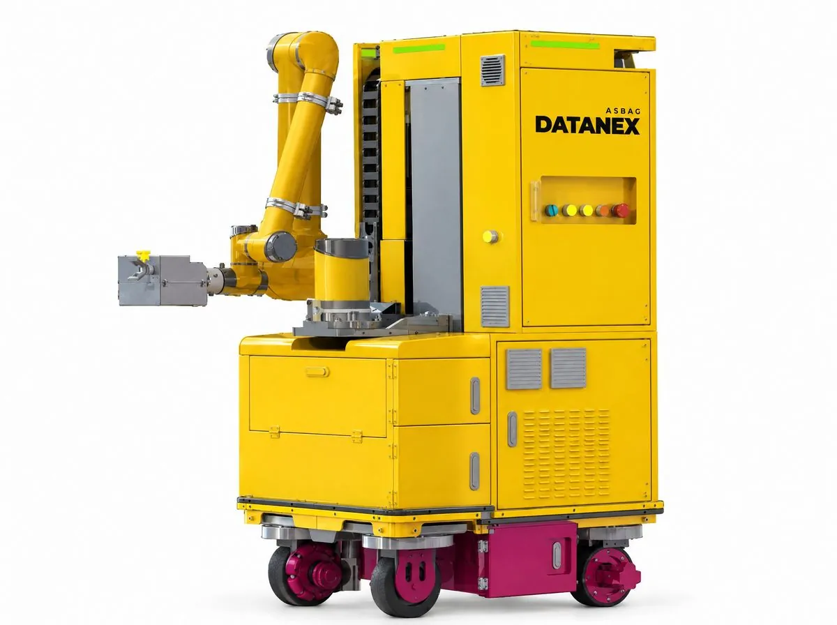 Yellow ASBAG Datanex putty and spray coating robot on a white background