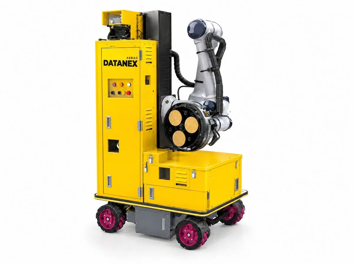 Yellow ASBAG Datanex putty sanding robot on a white background