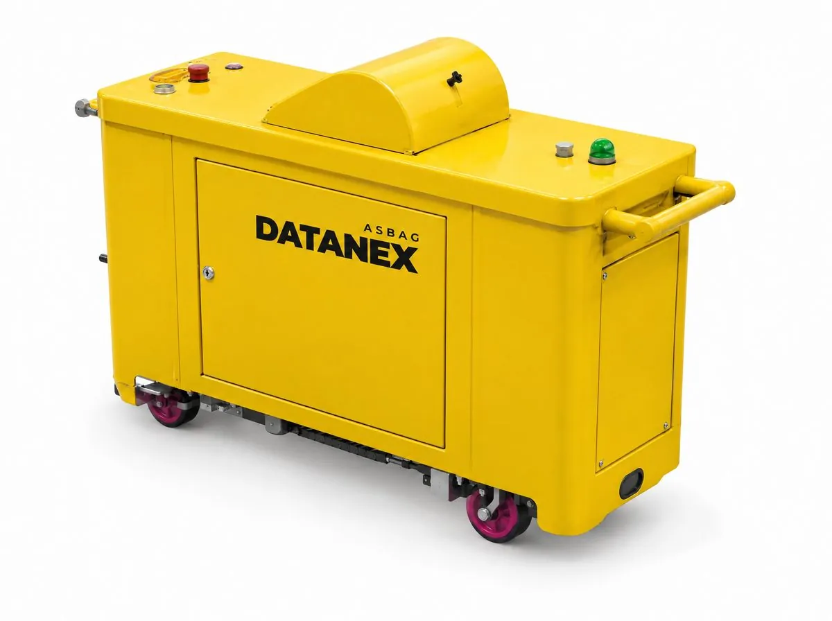 Yellow ASBAG Datanex rebar tying robot on a white background