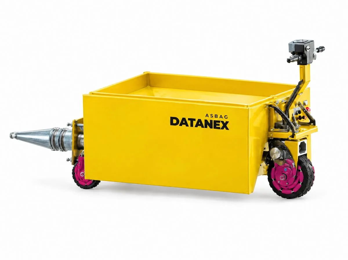 Yellow ASBAG Datanex screw pump for mortar feed on a white background