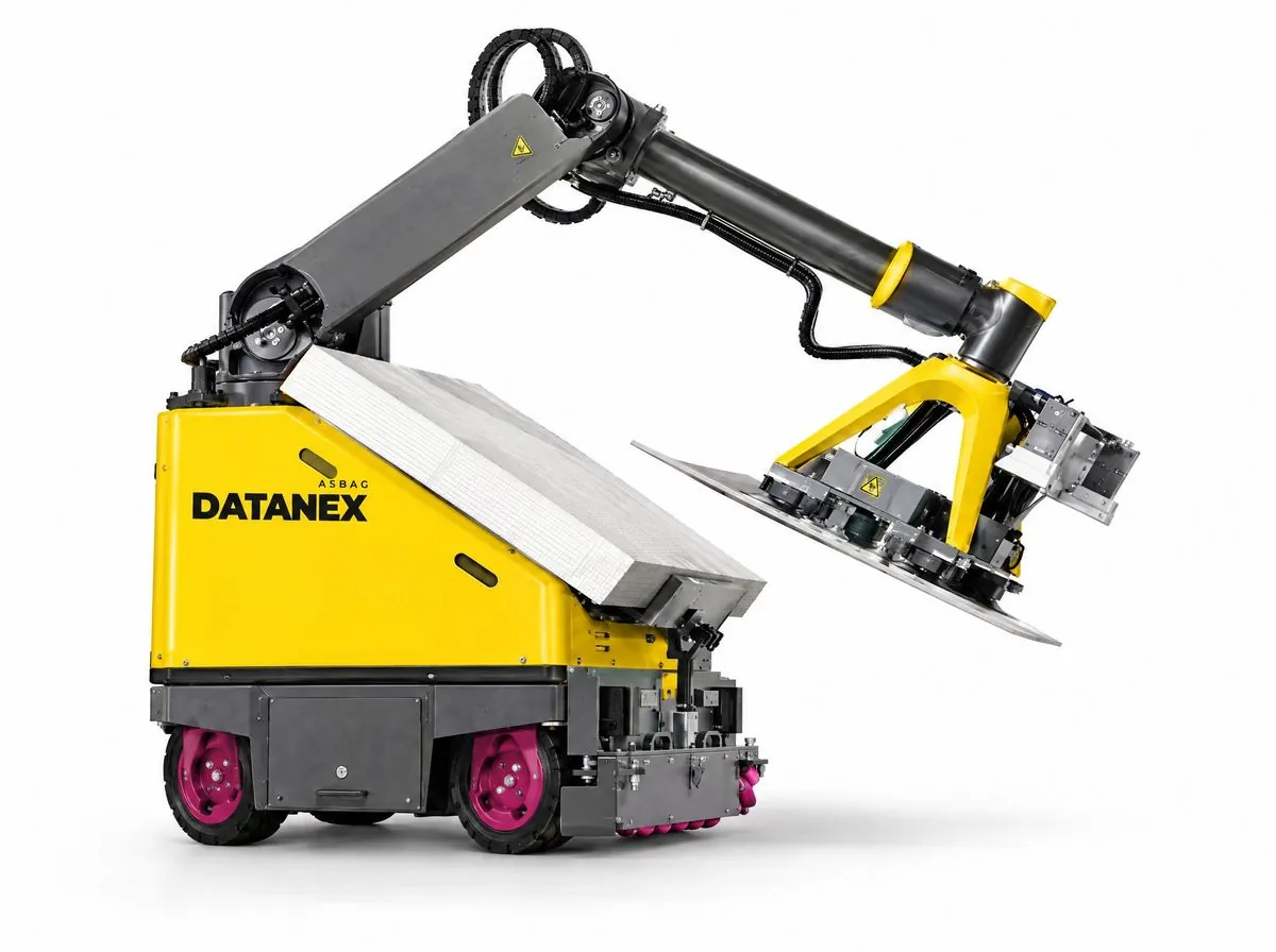 Yellow ASBAG Datanex tile laying robot on a white background